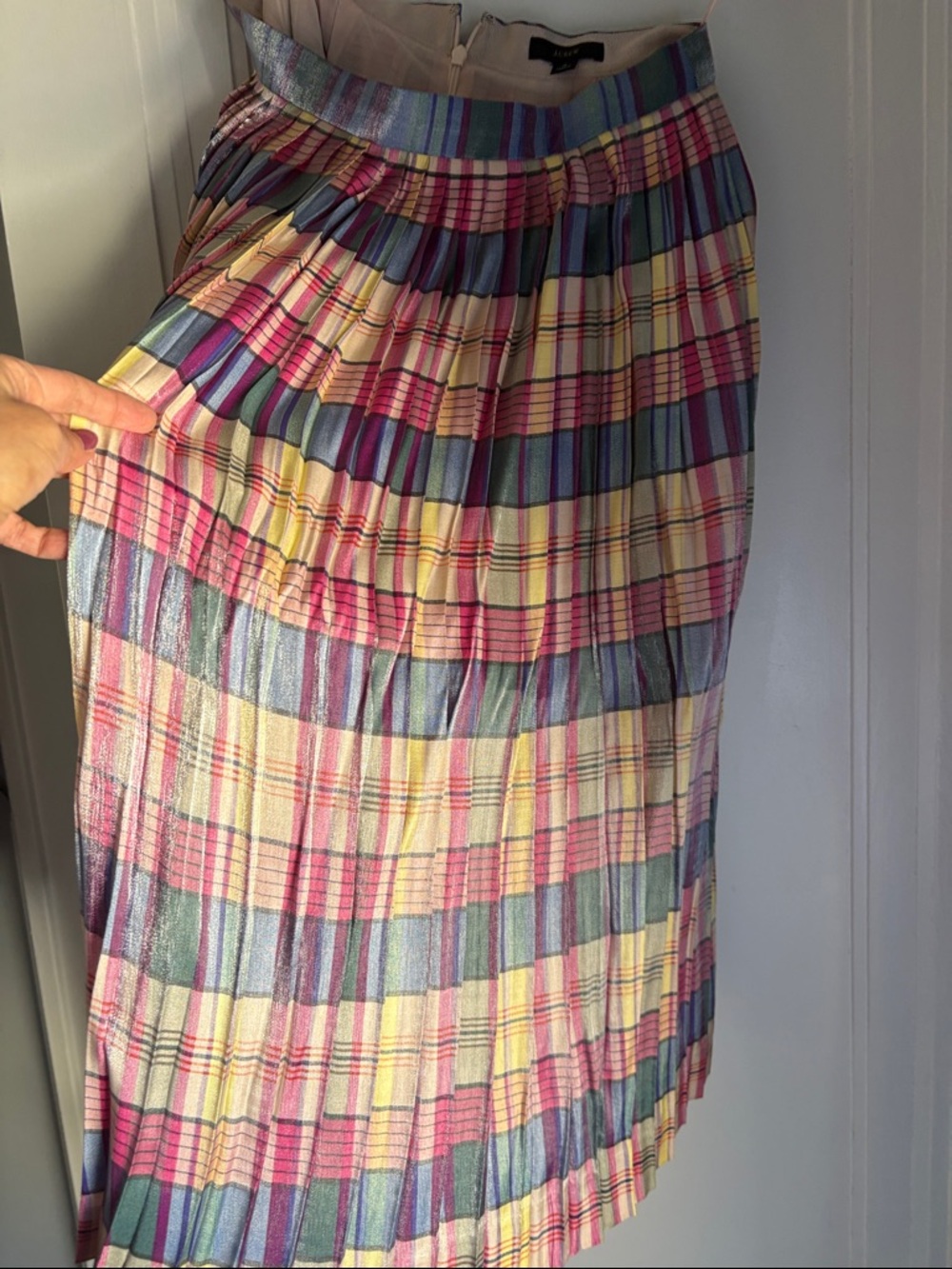 J. Crew Pleated Plaid Midi Skirt in Pink, Blue, Yellow & Cream